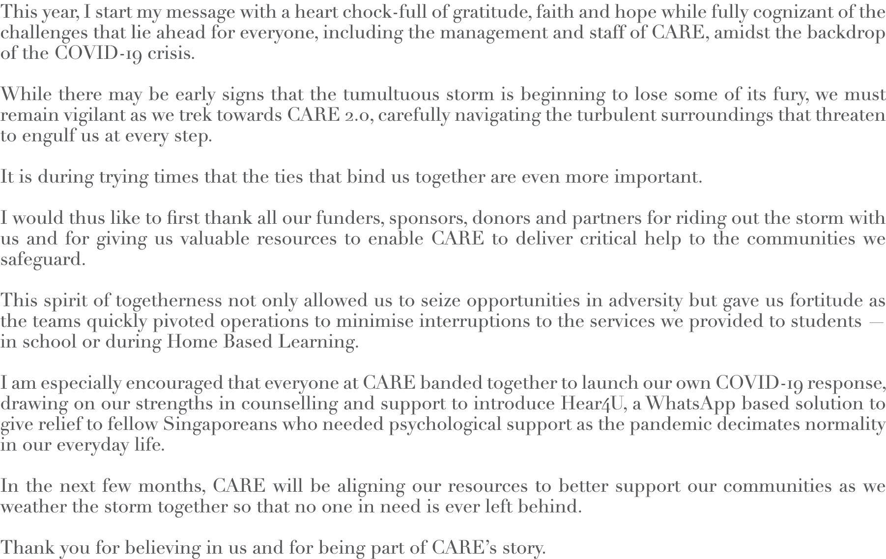 This year, I start my message with a heart chock-full of gratitude, faith and hope while fully cognizant of the chall   