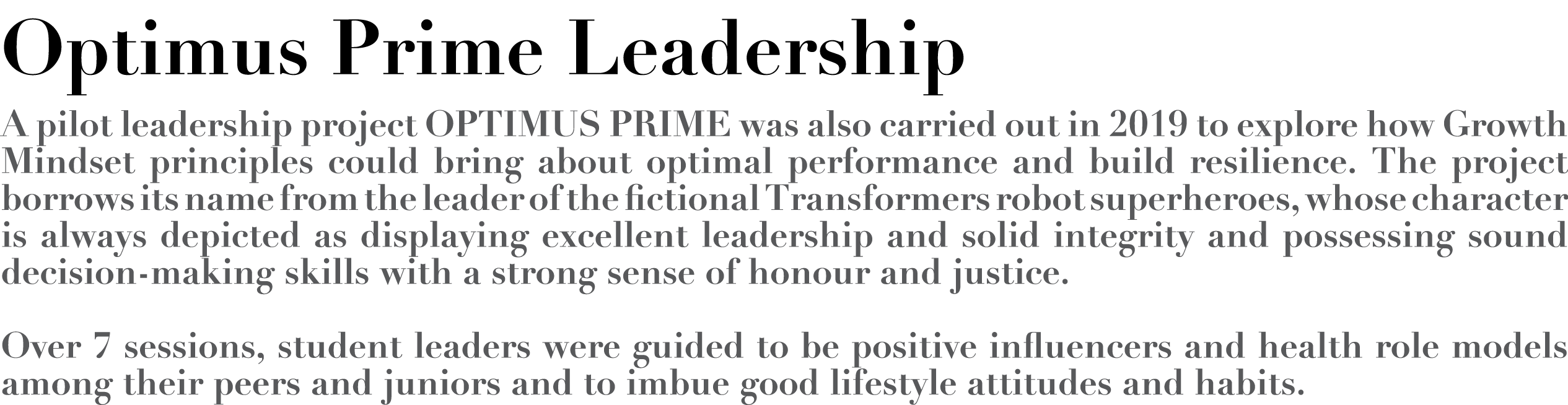 Optimus Prime Leadership A pilot leadership project OPTIMUS PRIME was also carried out in 2019 to explore how Growth    