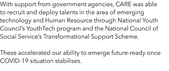 With support from government agencies, CARE was able to recruit and deploy talents in the area of emerging technology...