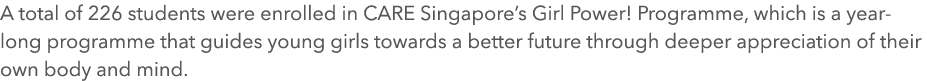 A total of 226 students were enrolled in CARE Singapore’s Girl Power! Programme, which is a year-long programme that ...