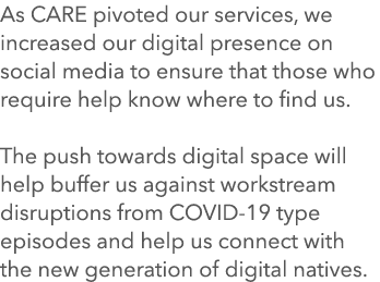As CARE pivoted our services, we increased our digital presence on social media to ensure that those who require help...