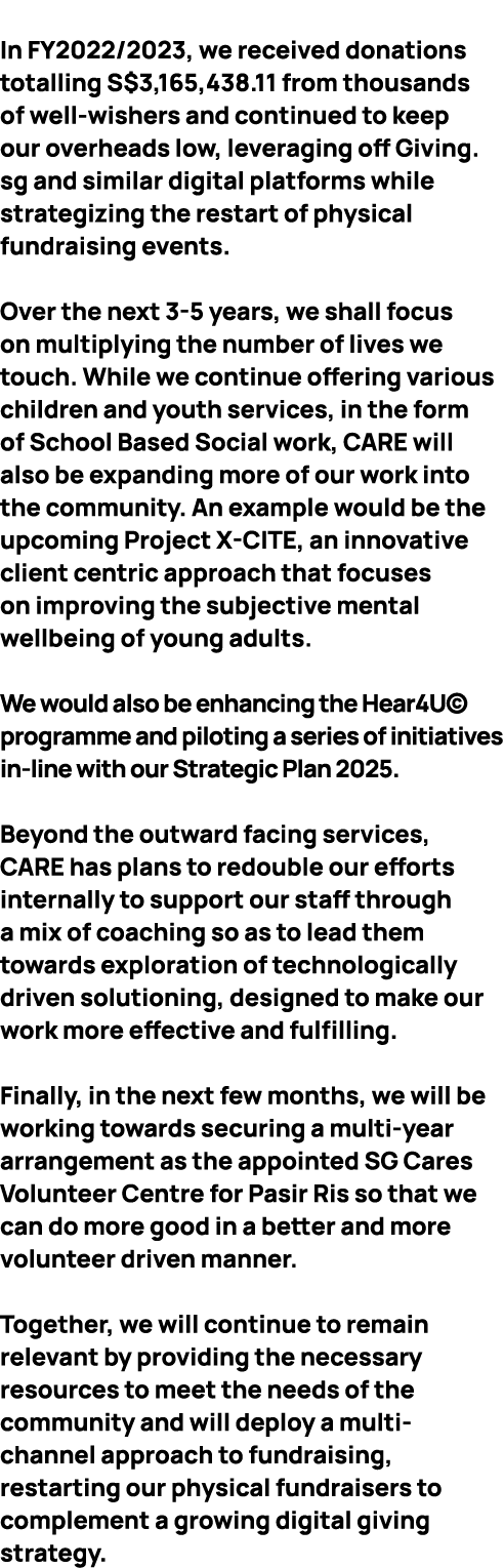  In FY2022/2023, we received donations totalling S$3,165,438.11 from thousands of well wishers and continued to keep ...