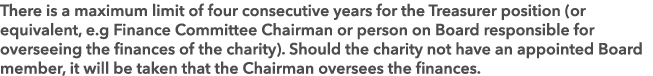 There is a maximum limit of four consecutive years for the Treasurer position (or equivalent, e.g Finance Committee C...