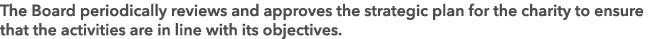 The Board periodically reviews and approves the strategic plan for the charity to ensure that the activities are in l...