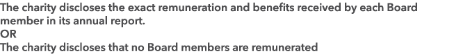 The charity discloses the exact remuneration and benefits received by each Board member in its annual report. OR The ...
