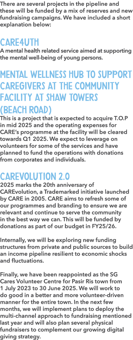 There are several projects in the pipeline and these will be funded by a mix of reserves and new fundraising campaign...